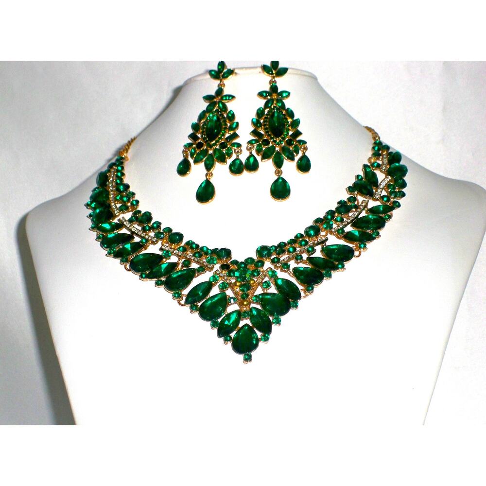green rhinestone necklace set, wedding MOB prom party formal evening necklace